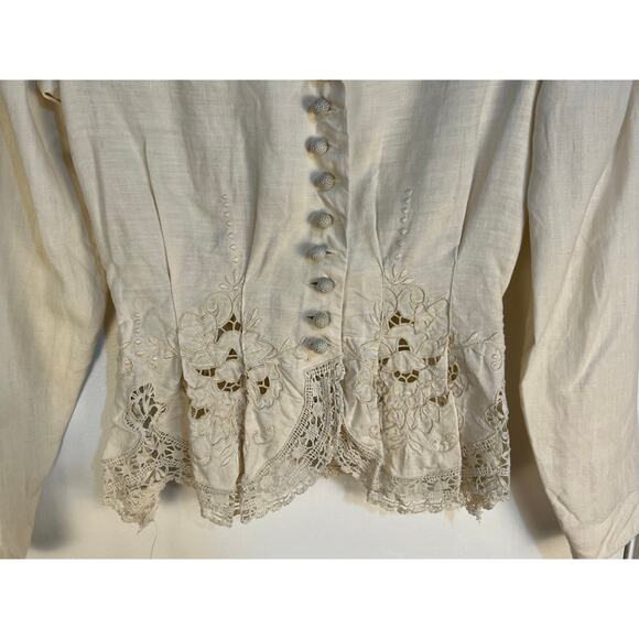 VTG Linen Battenburg Lace Skirt Suit XS Cream Embroidered Floral Lace Boho Flaws - Picture 4 of 14
